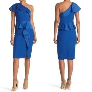 Ted Baker Pana One-Shoulder Peplum Ruffle Knee Dress in Blue Women's Size 2 NWT